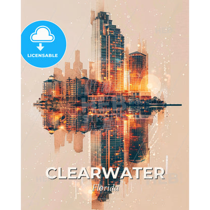 Clearwater City Skyline Double Exposure Art - A city skyline reflected in water - Square format print template