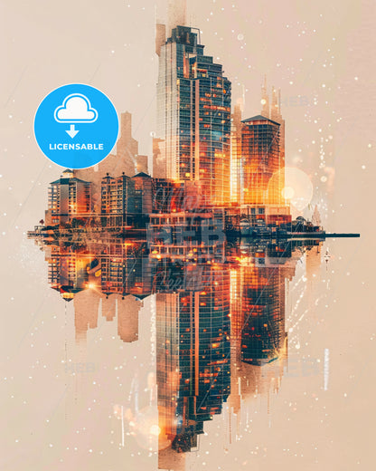 Clearwater City Skyline Double Exposure Art - A city skyline reflected in water