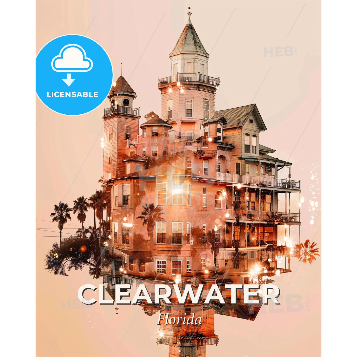 Clearwater City Skyline Vista Double-Exposure Art Poster - A house with a tower and a tower - Square format print template