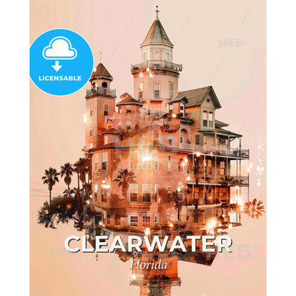 Clearwater City Skyline Vista Double-Exposure Art Poster - A house with a tower and a tower - Square format print template
