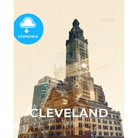 Cleveland City Skyline Panorama Poster Art - A tall building with a tall tower - Square format print template