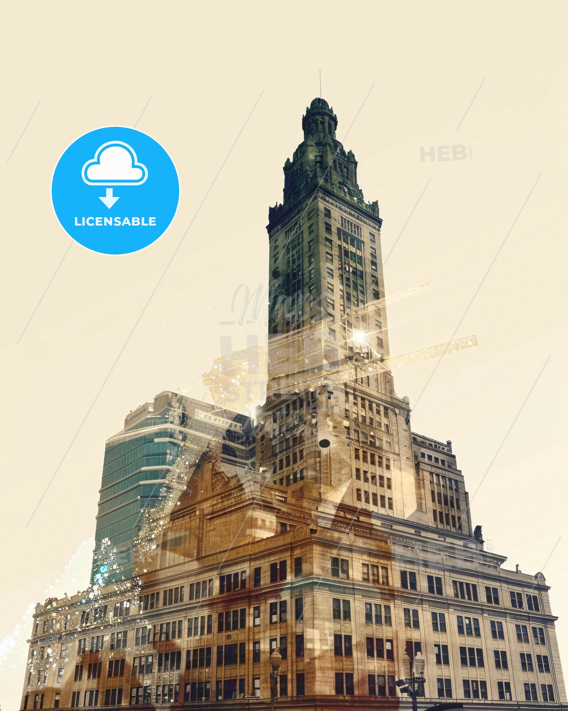 Cleveland City Skyline Panorama Poster Art - A tall building with a tall tower
