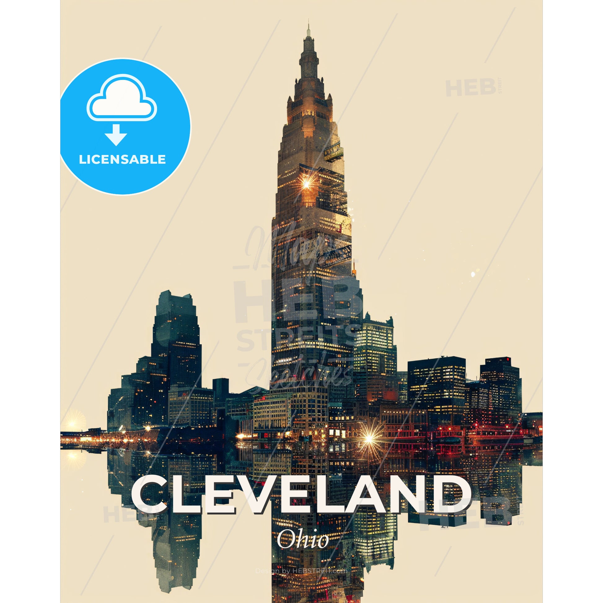 Cleveland Skyline Double Exposure City Icon - A city skyline with lights reflecting on water - Square format print template