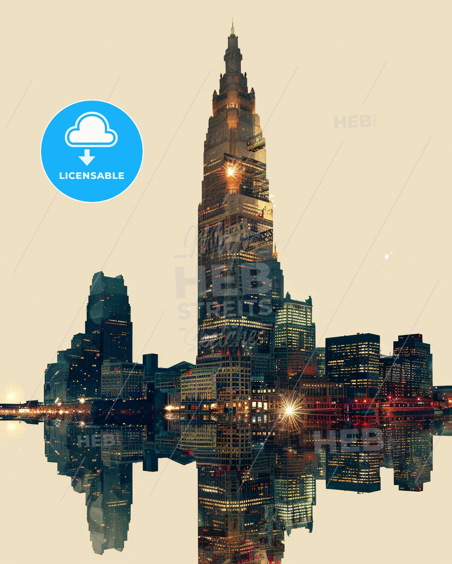 Cleveland Skyline Double Exposure City Icon - A city skyline with lights reflecting on water