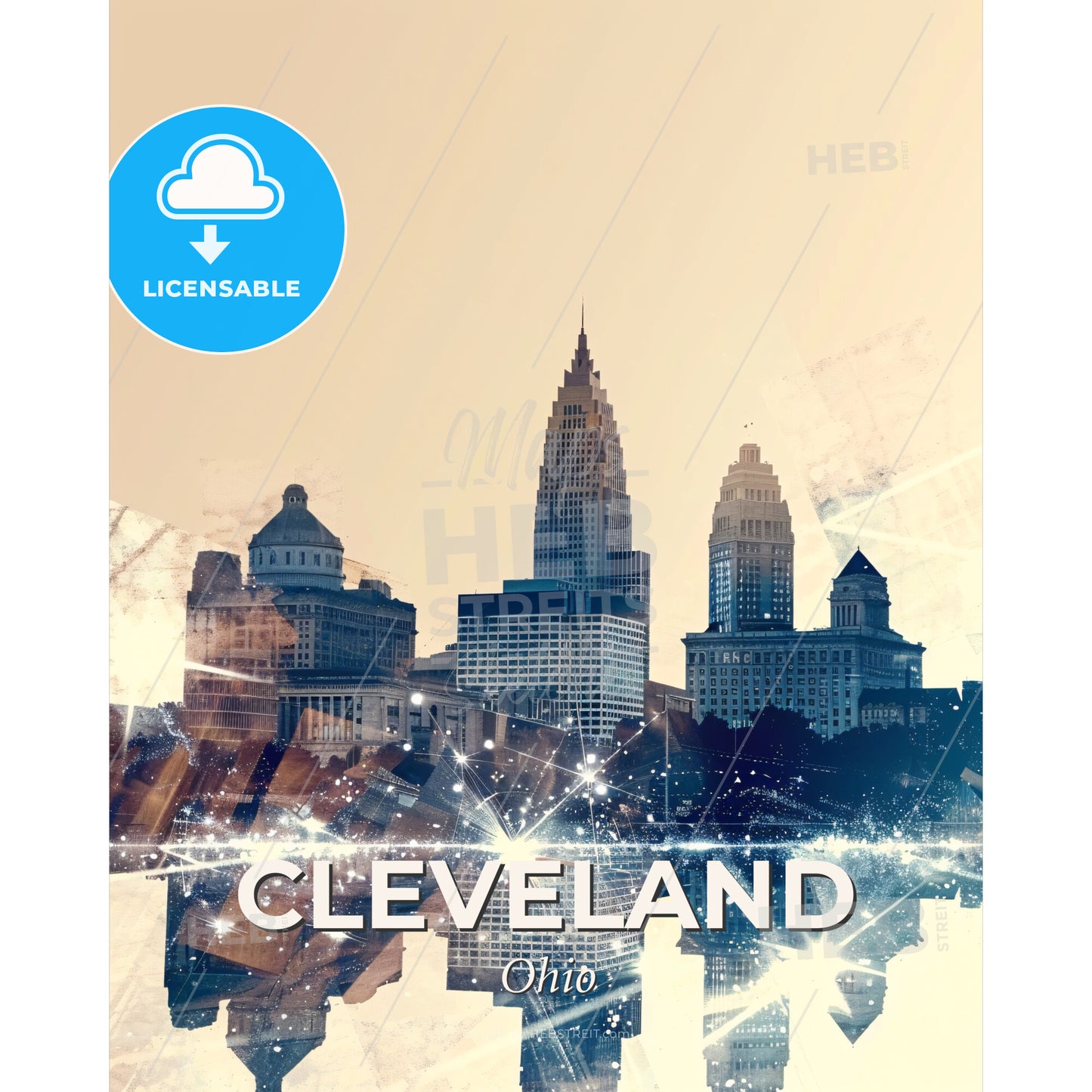 Cleveland Skyline Double Exposure Art Deco - A city skyline with many buildings - Square format print template