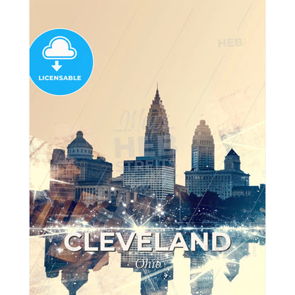 Cleveland Skyline Double Exposure Art Deco - A city skyline with many buildings - Square format print template