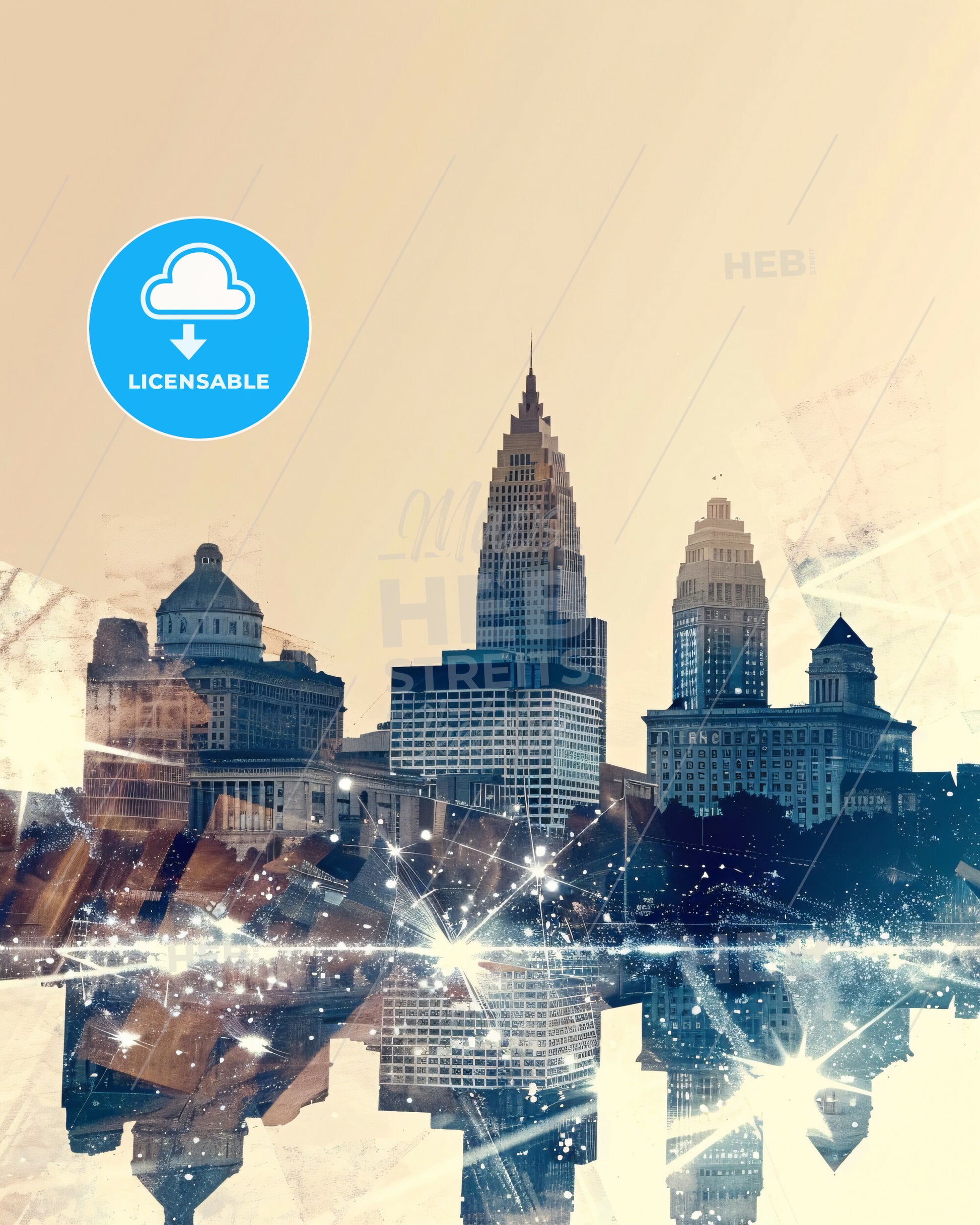 Cleveland Skyline Double Exposure Art Deco - A city skyline with many buildings