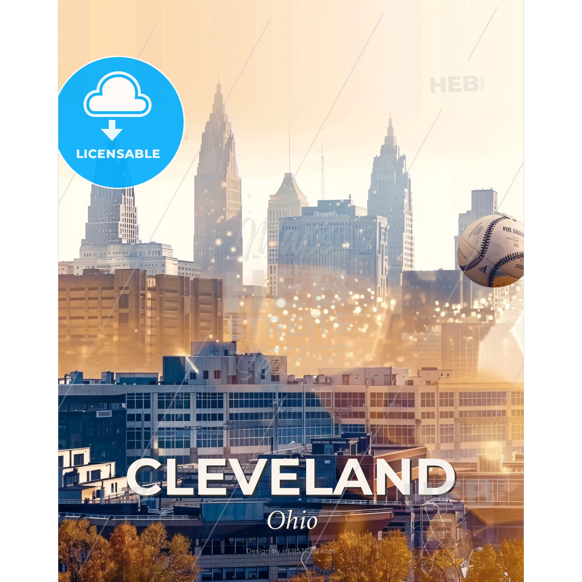 Cleveland Skyline Glamourous Cityscape Art Deco - A baseball flying in the air over a city - Square format print template