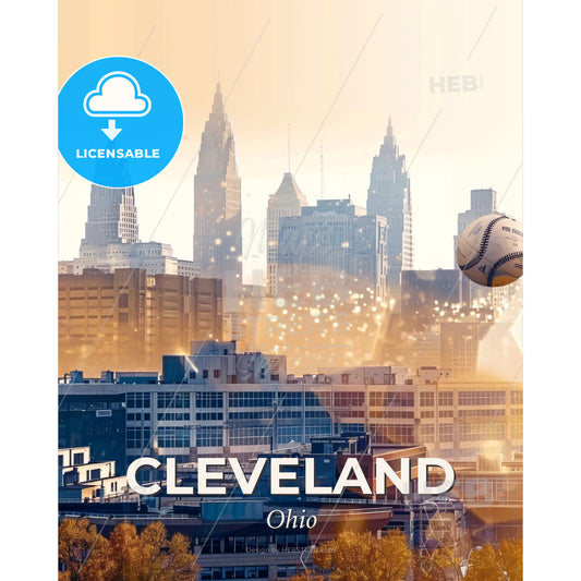 Cleveland Skyline Glamourous Cityscape Art Deco - A baseball flying in the air over a city - Square format print template