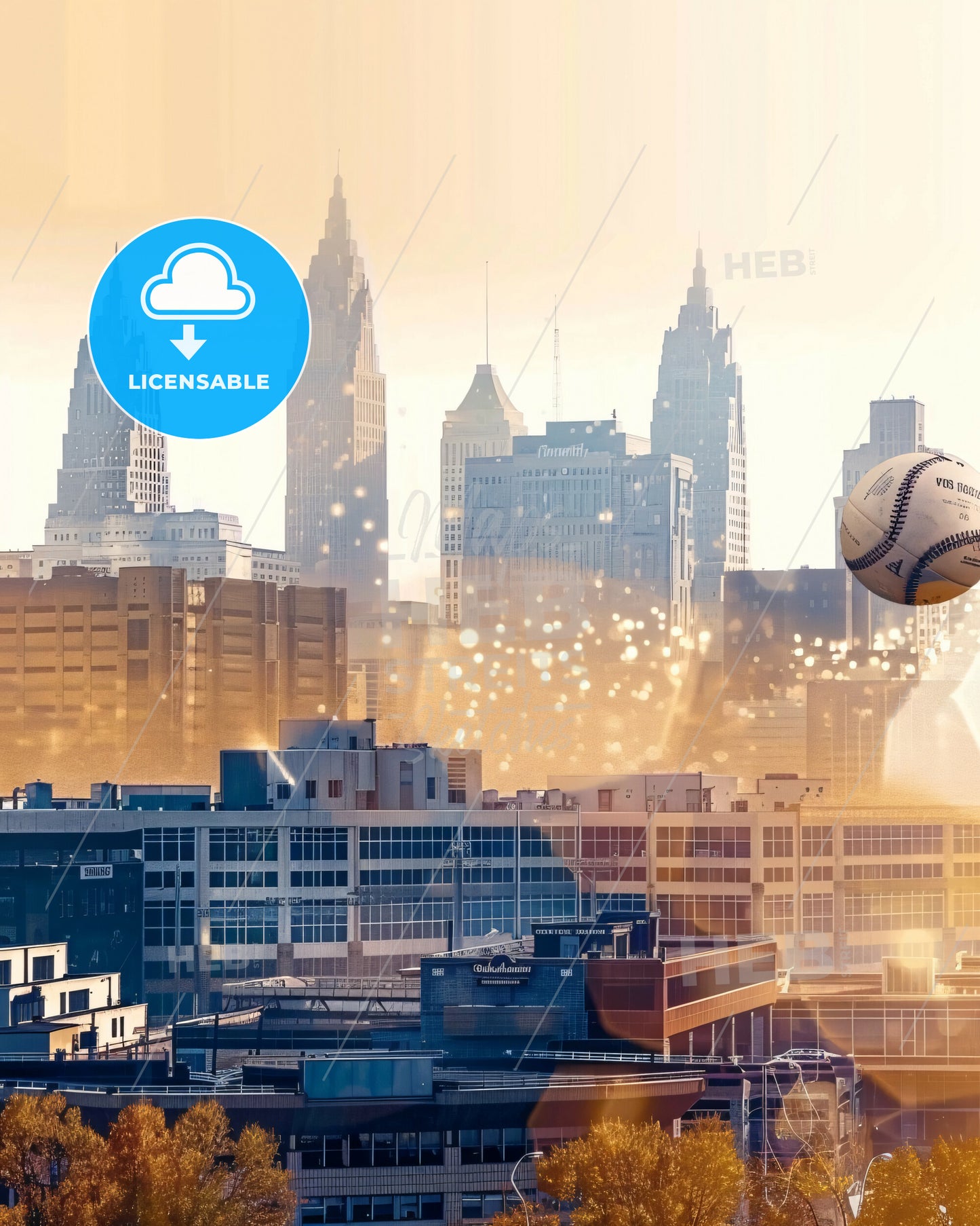 Cleveland Skyline Glamourous Cityscape Art Deco - A baseball flying in the air over a city