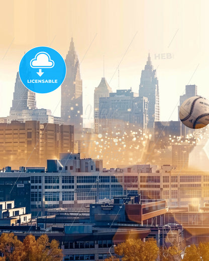 Cleveland Skyline Glamourous Cityscape Art Deco - A baseball flying in the air over a city
