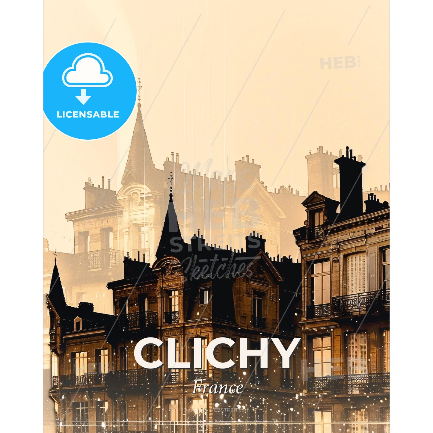Clichy Skyline Reflection Sparkles Beige - A group of buildings with towers - Square format print template