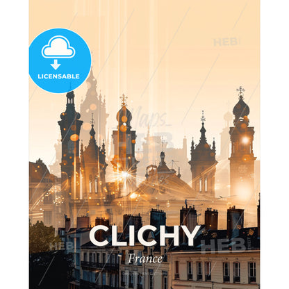 Clichy Skyline Art Poster: Beige Elegance with Sparkles - A city skyline with many spires and towers - Square format print template