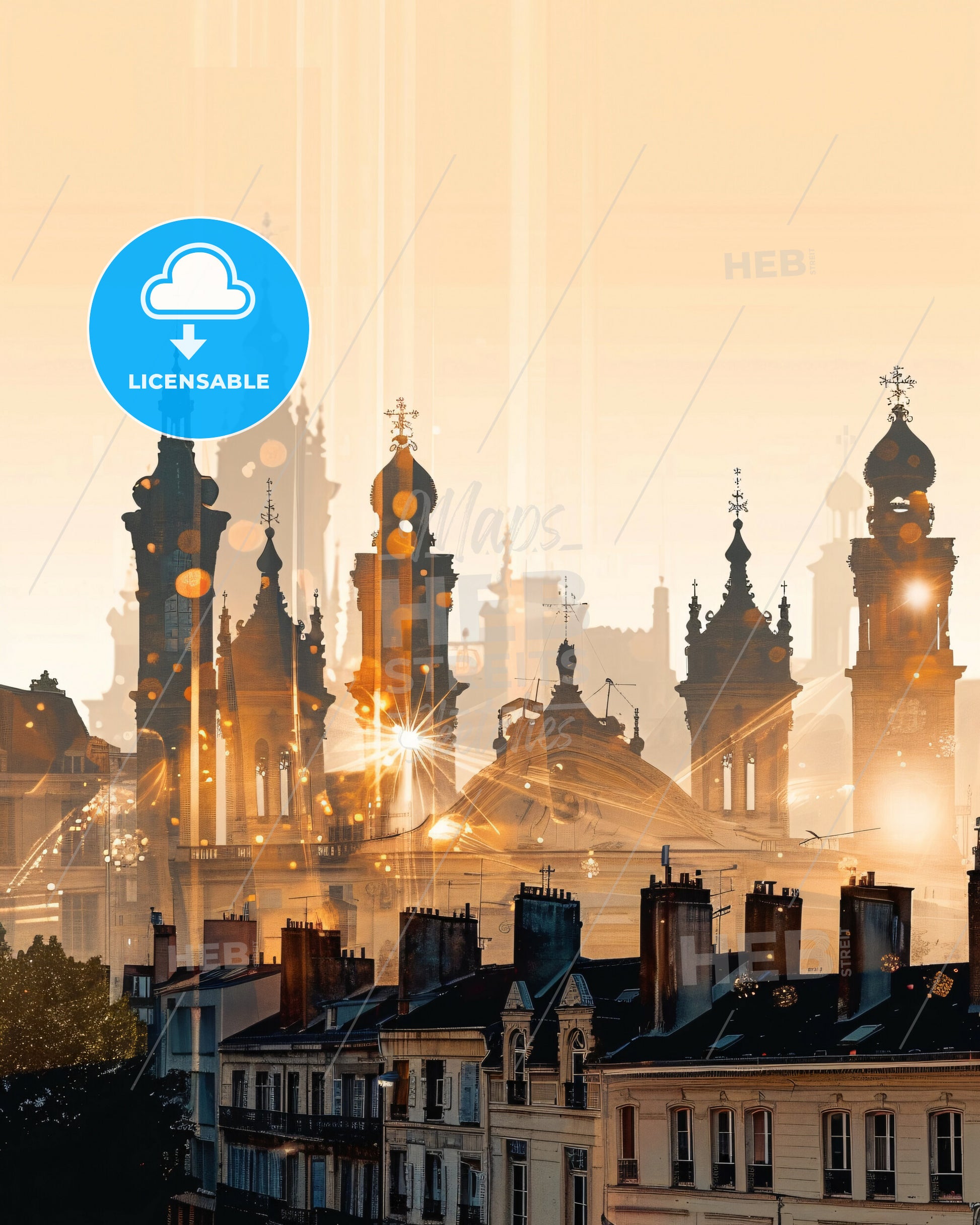 Clichy Skyline Art Poster: Beige Elegance with Sparkles - A city skyline with many spires and towers