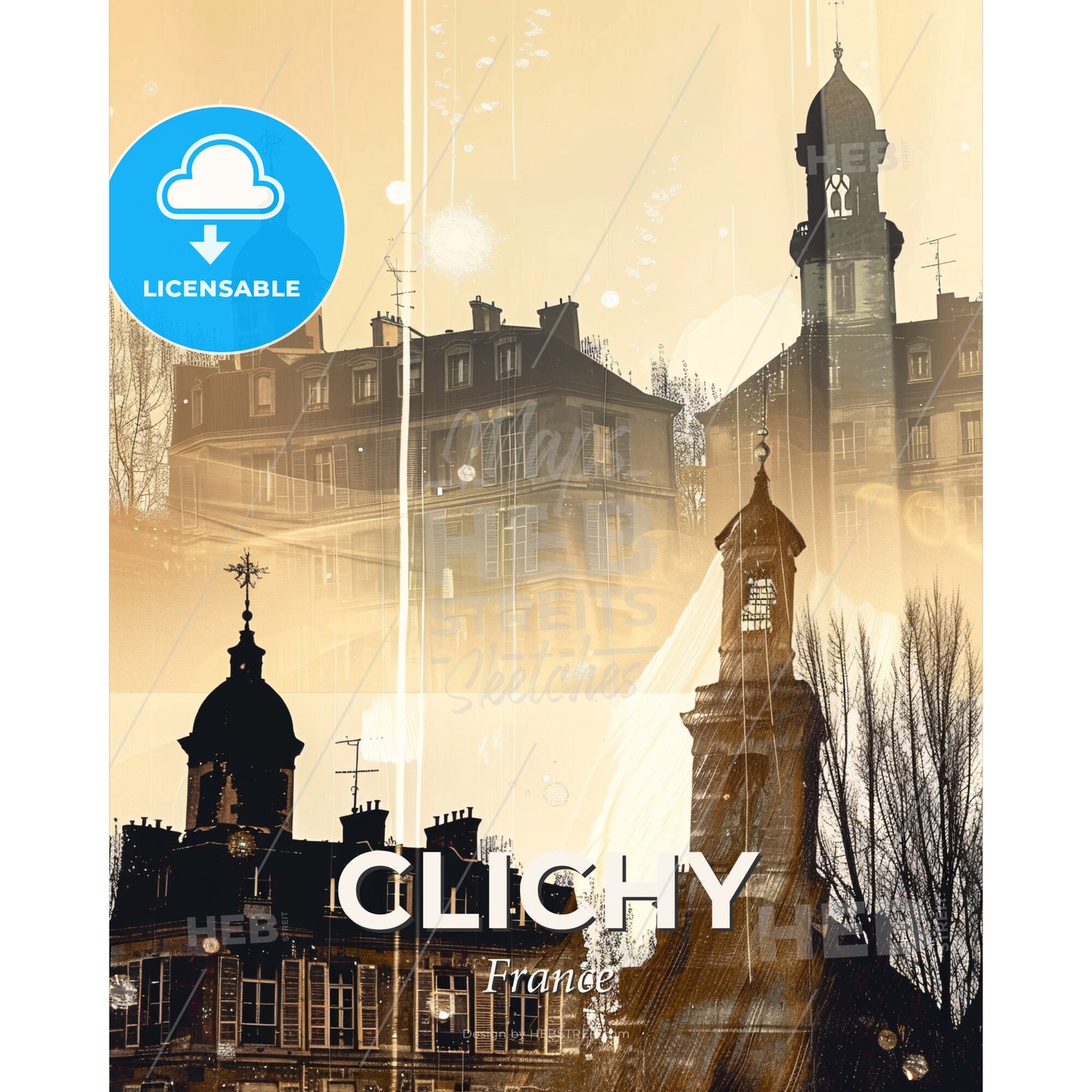 Clichy Skyline Silhouette Beige Poster - A group of buildings with a bell tower - Square format print template