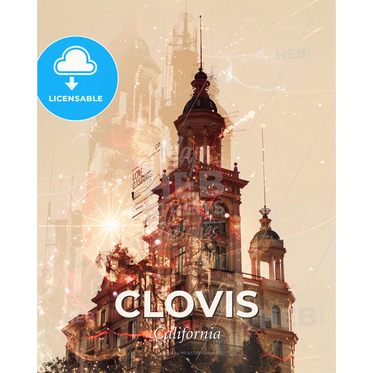 Clovis California City Skyline Art Deco Poster - A building with a tower and a sign - Square format print template