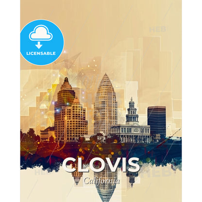 Clovis Skyline Double Exposure Art Deco Night Print - A city skyline with buildings and a reflection - Square format print template