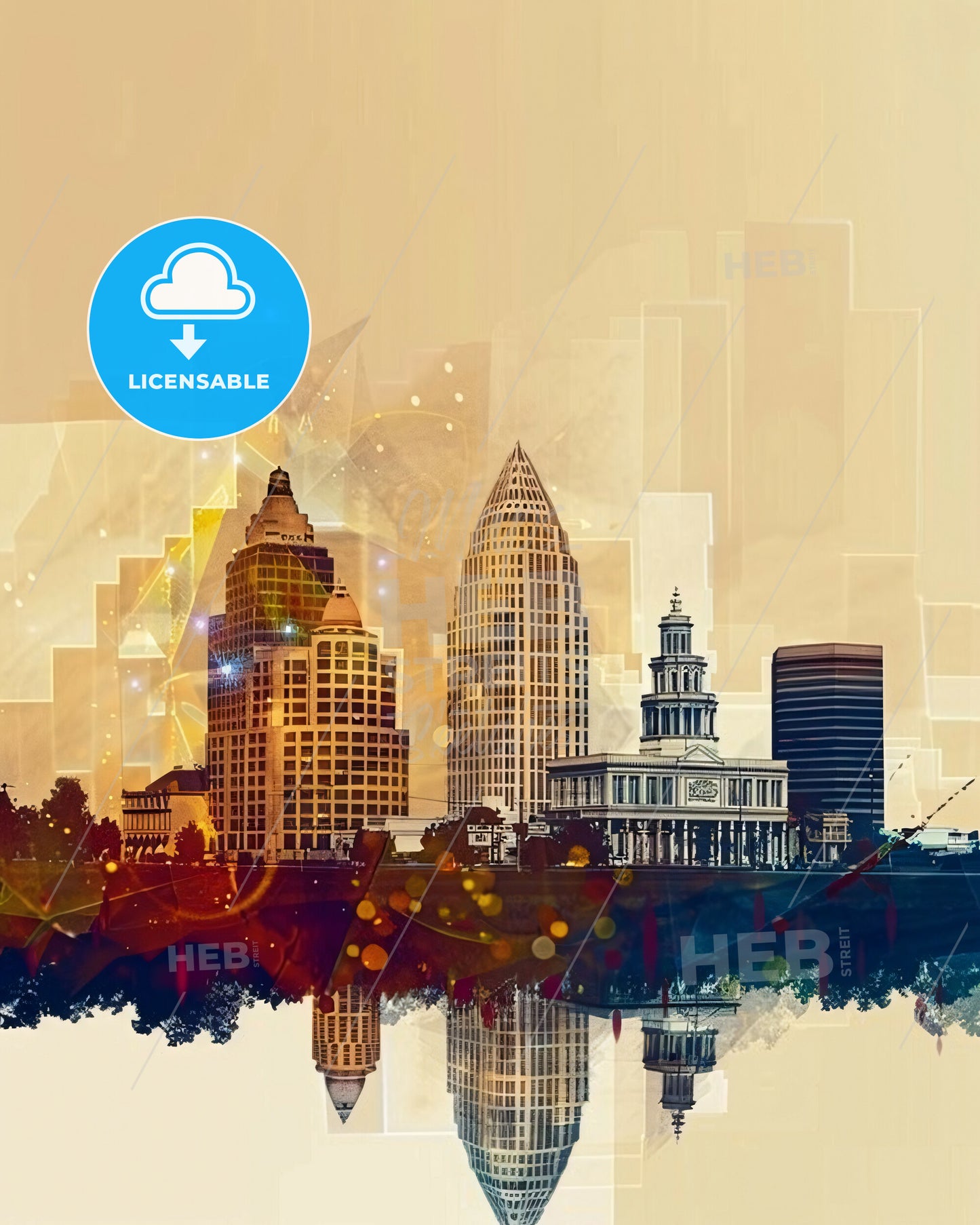 Clovis Skyline Double Exposure Art Deco Night Print - A city skyline with buildings and a reflection