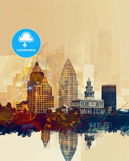 Clovis Skyline Double Exposure Art Deco Night Print - A city skyline with buildings and a reflection