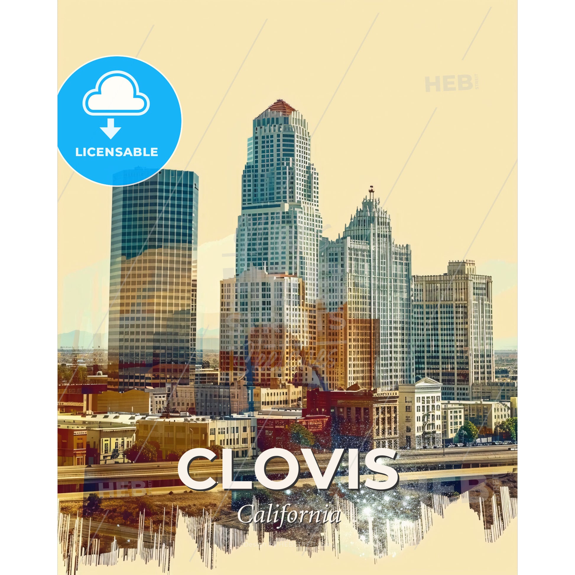 Clovis City Lights Sparkles Vista Poster - A city skyline with many tall buildings - Square format print template