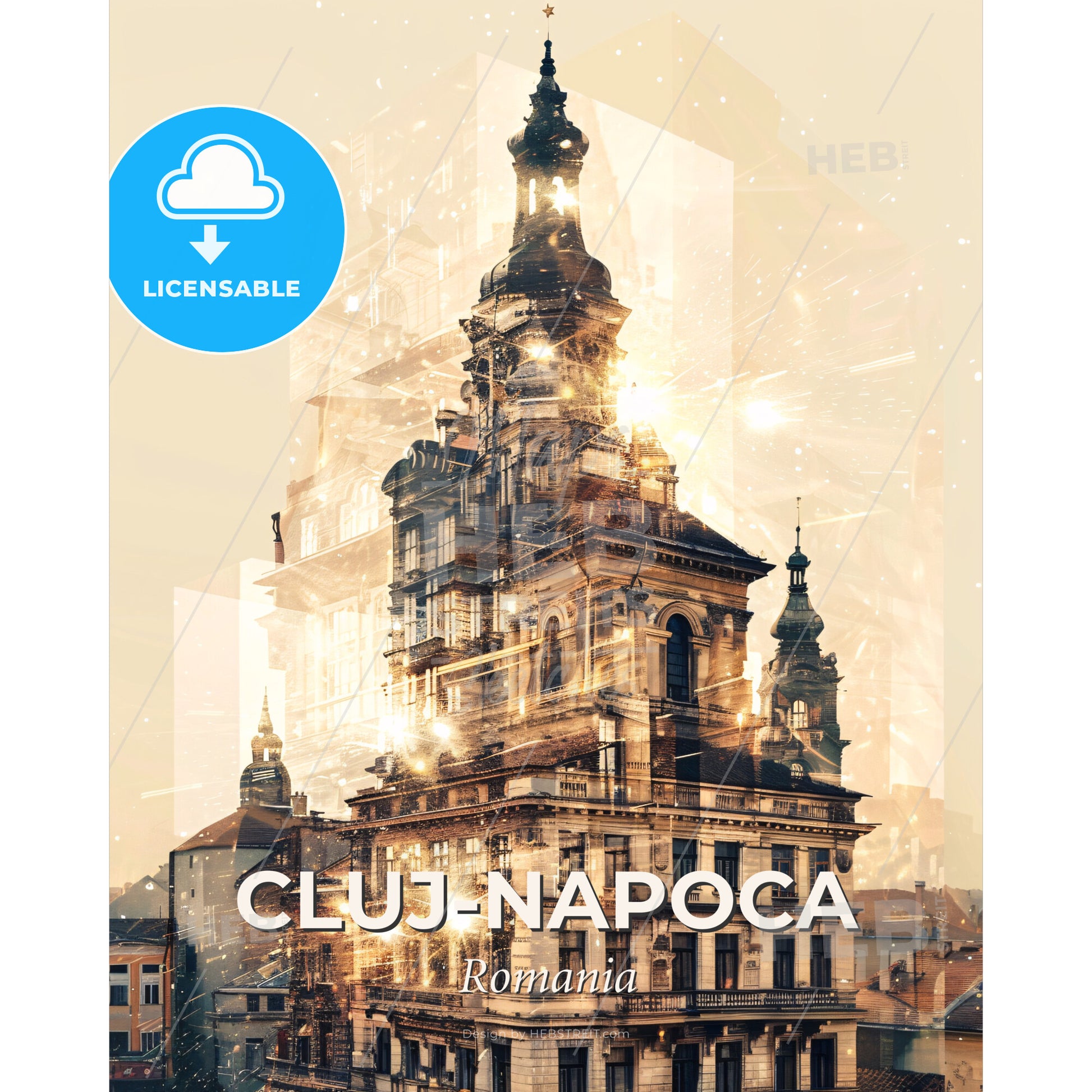 Cluj-Napoca City Skyline Architecture Poster Art - A building with a tower and a cityscape - Square format print template