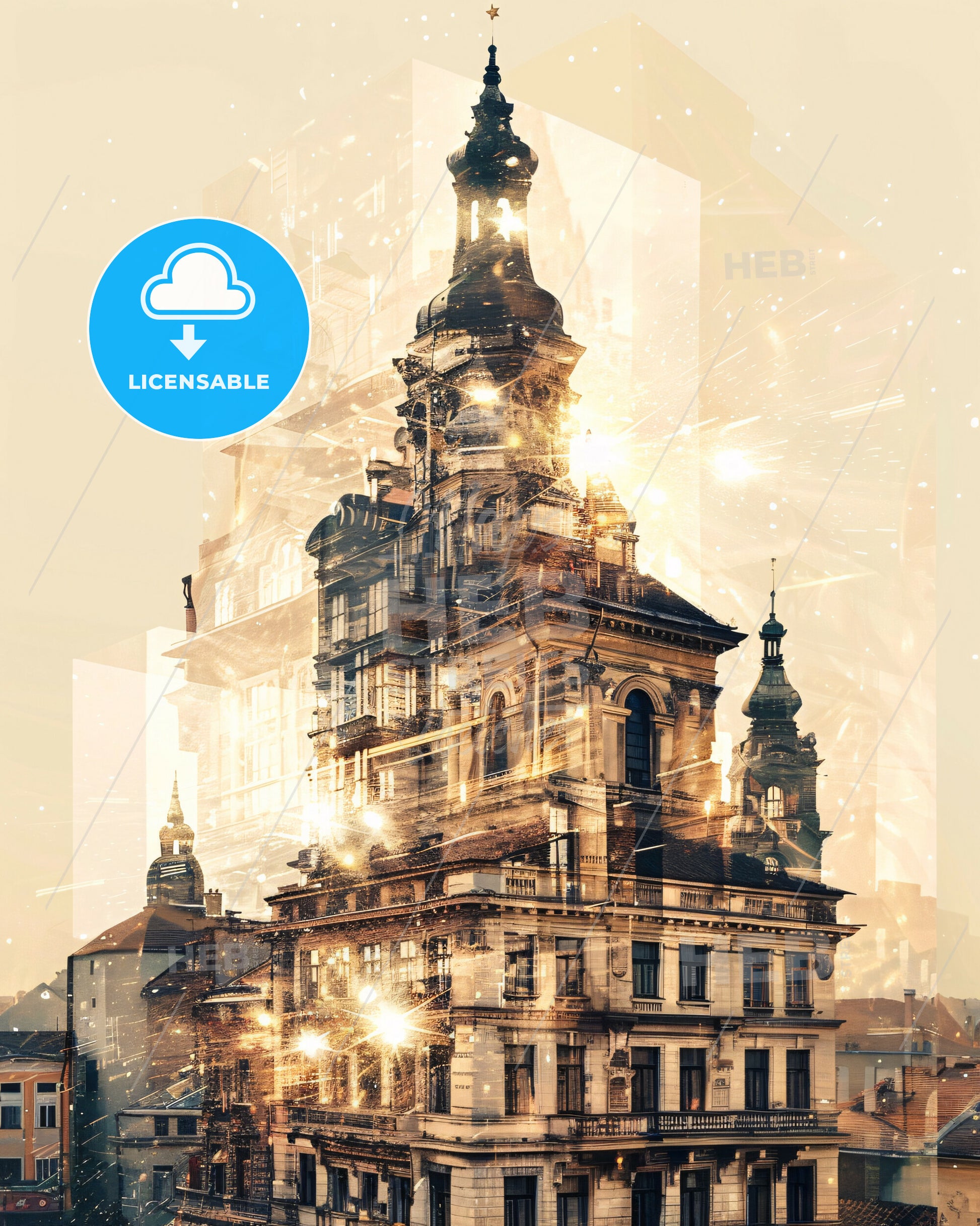 Cluj-Napoca City Skyline Architecture Poster Art - A building with a tower and a cityscape