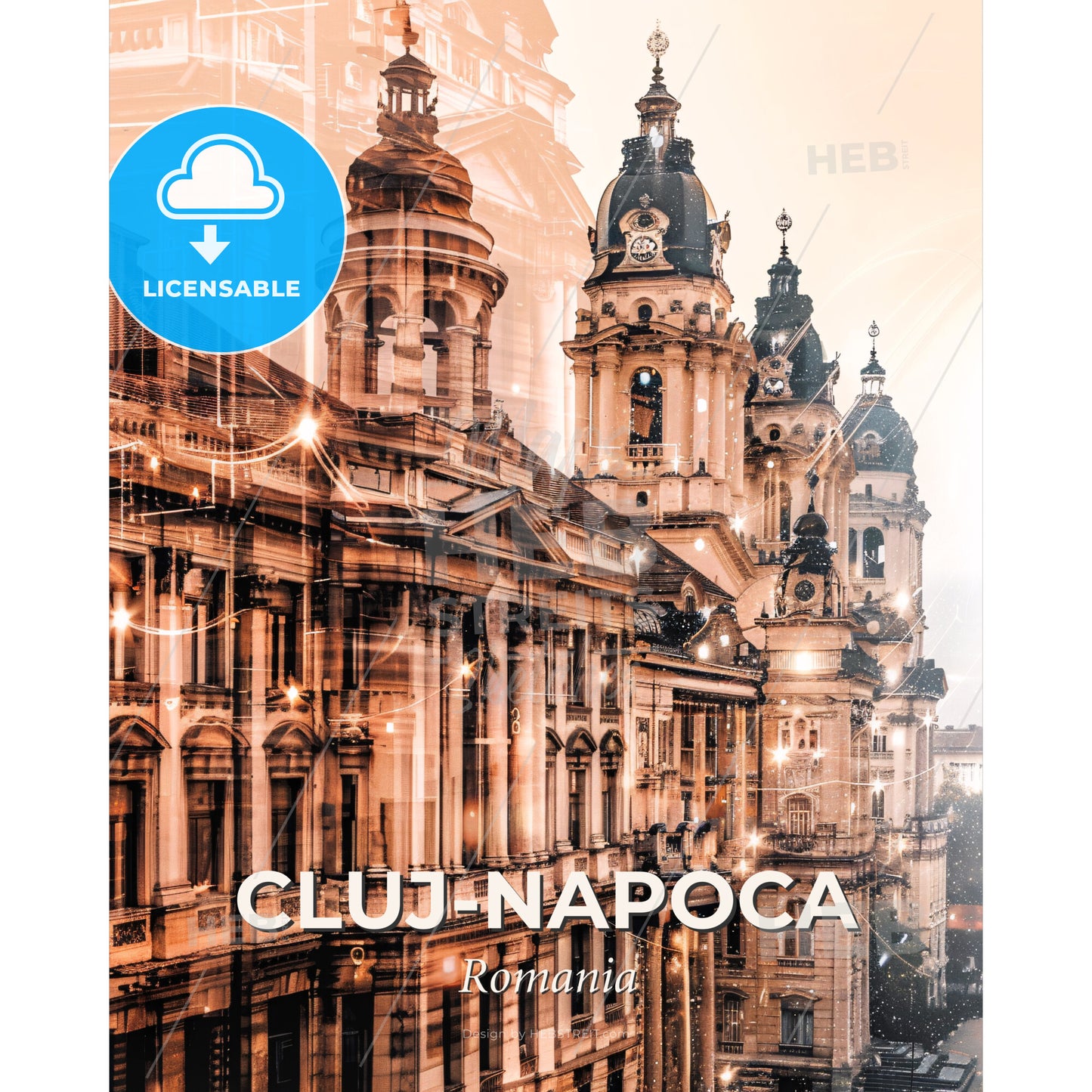 Cluj-Napoca's City Icons Double Exposure Poster Art - A large building with many towers - Square format print template