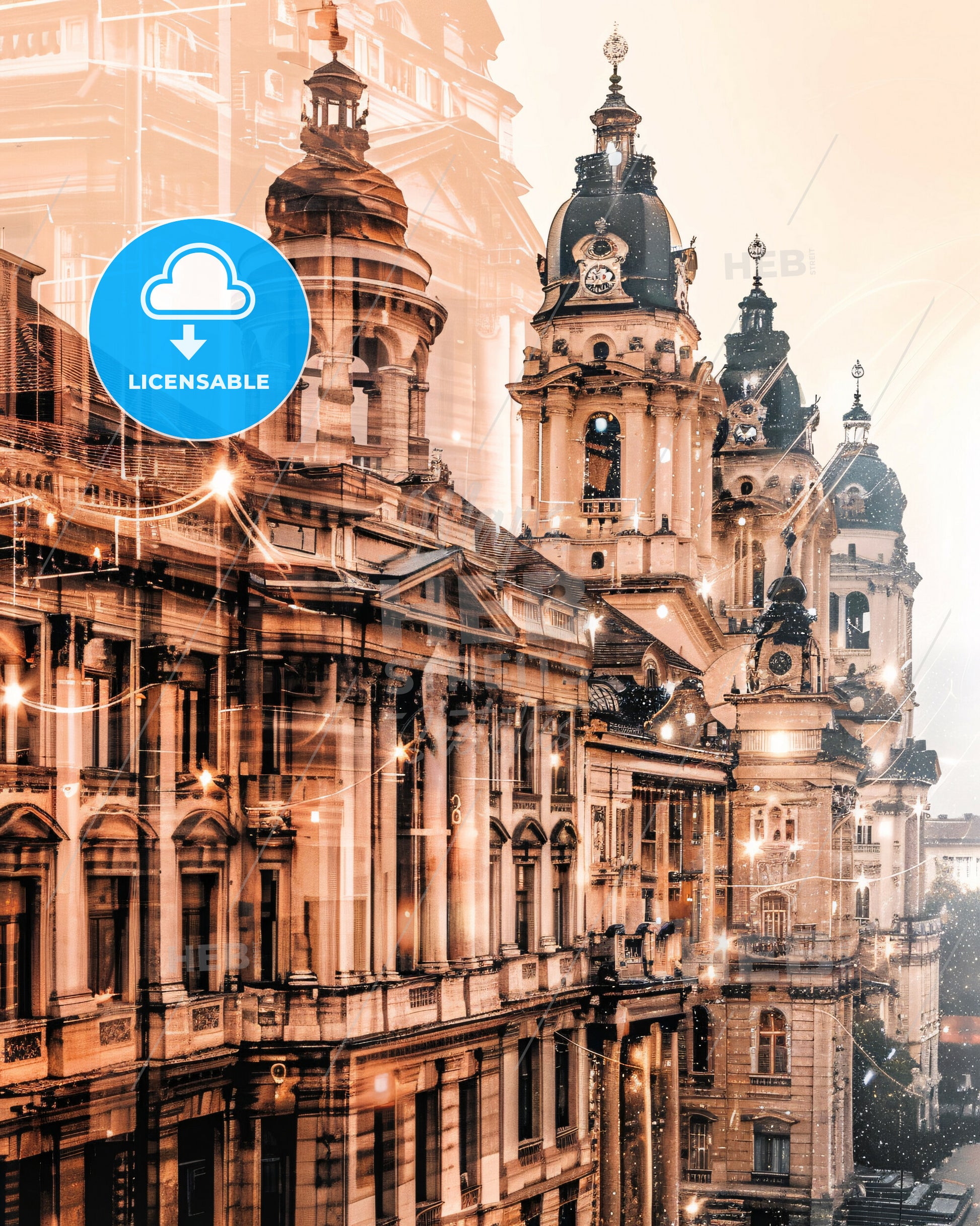 Cluj-Napoca's City Icons Double Exposure Poster Art - A large building with many towers