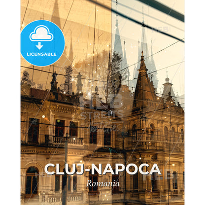 Cluj-Napoca Skyline Iconic Poster - A building with a reflection of a building - Square format print template
