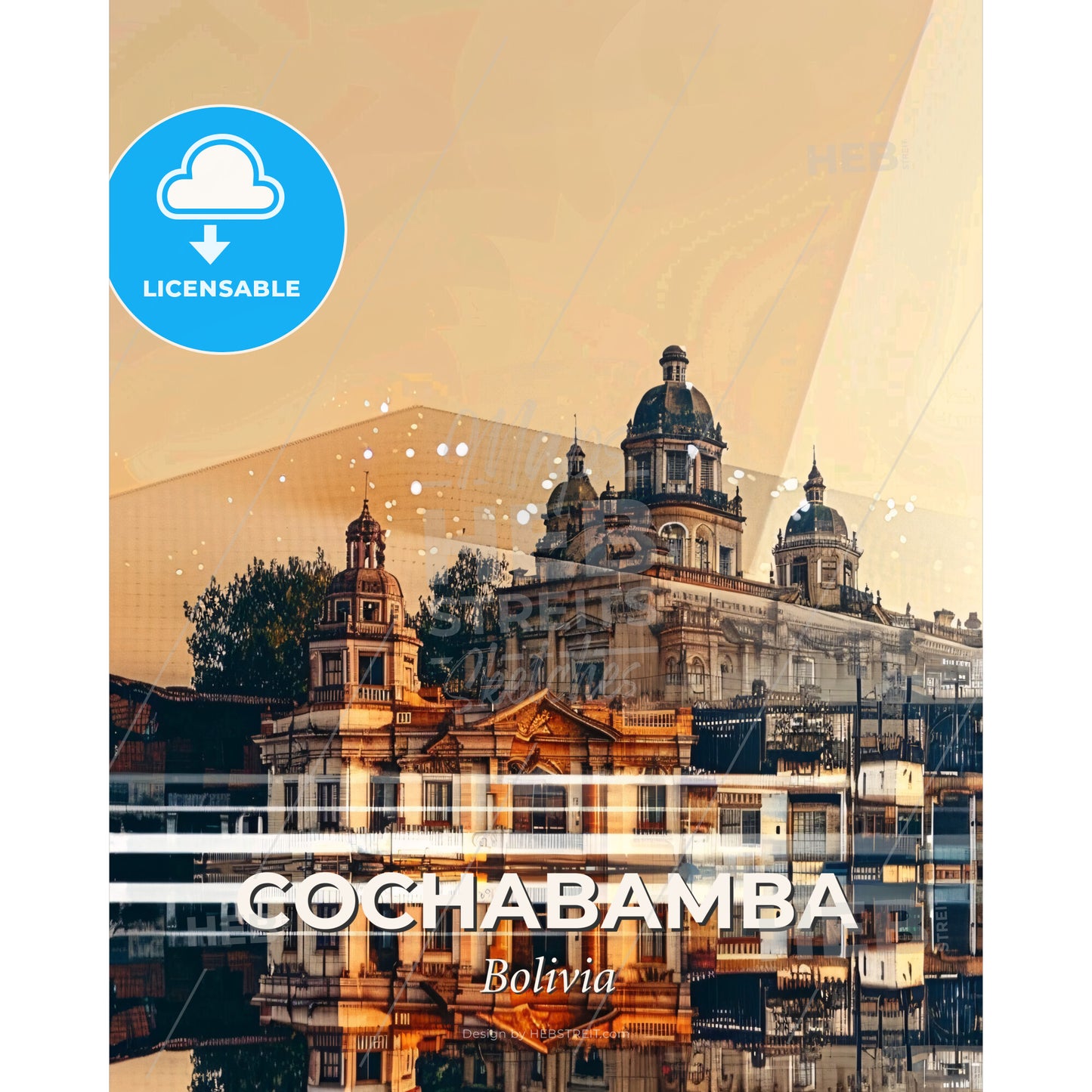 Cochabamba City Icons Silhouette Art Poster - A building with a large dome and a building with trees - Square format print template