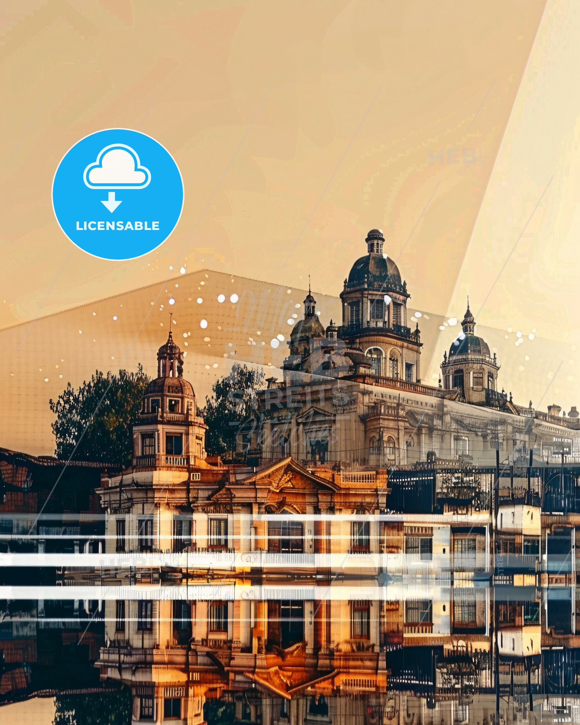 Cochabamba City Icons Silhouette Art Poster - A building with a large dome and a building with trees