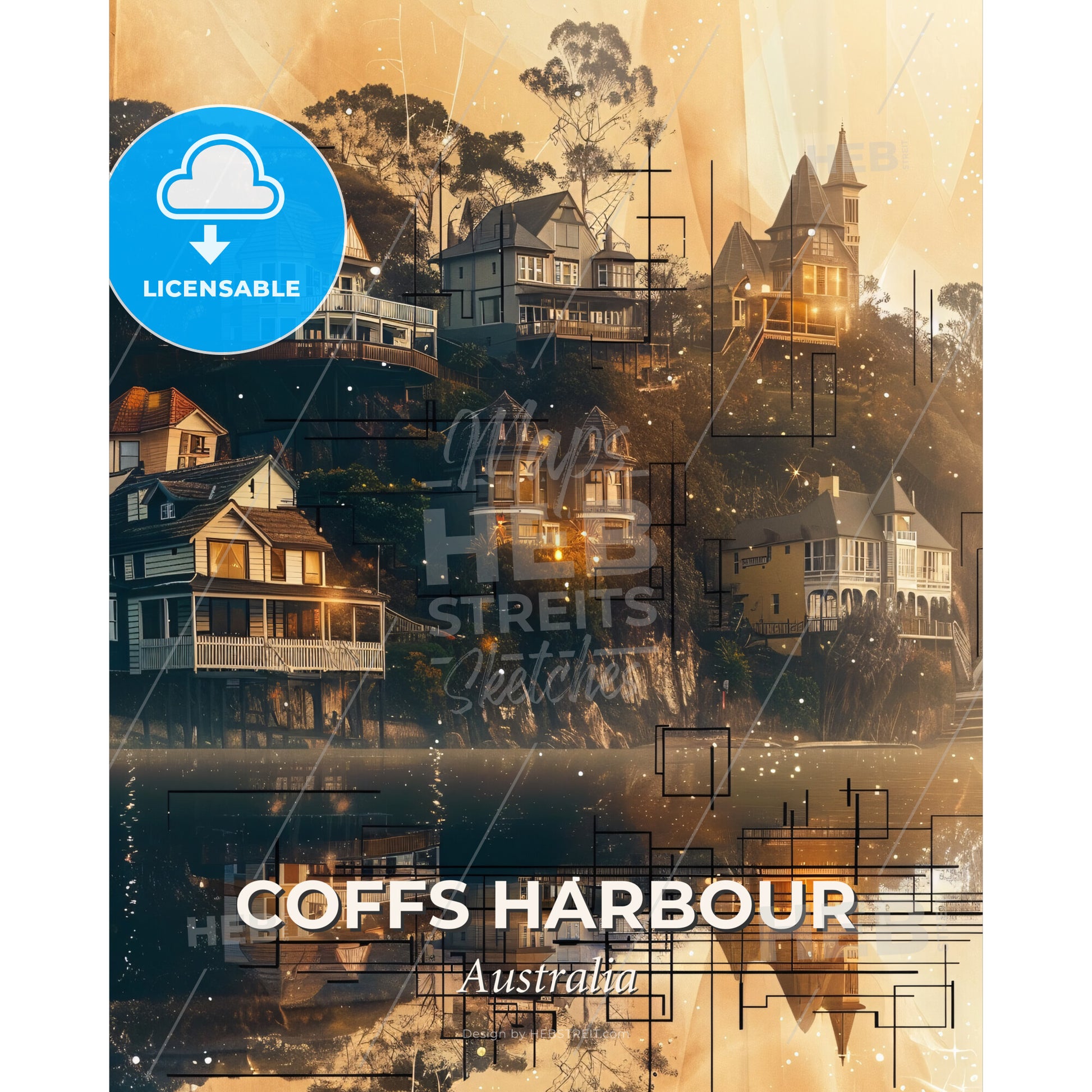 Coffs Harbour Skyline Double Exposure Artwork - A group of houses on a hill - Square format print template