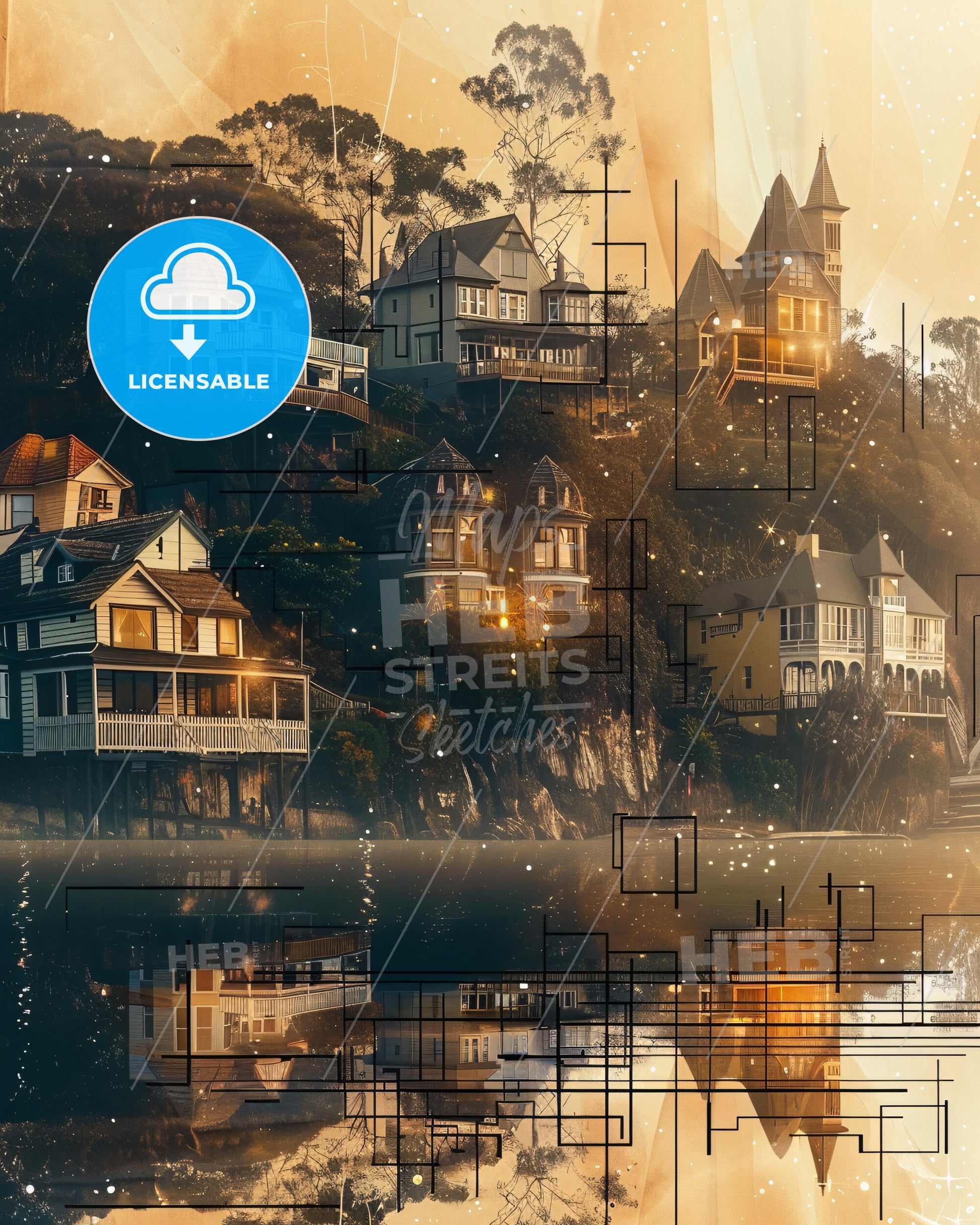 Coffs Harbour Skyline Double Exposure Artwork - A group of houses on a hill