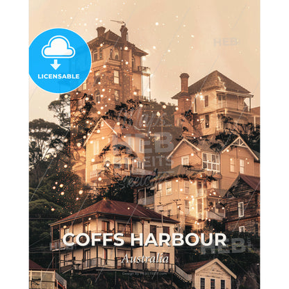 Coffs Harbour Art Deco Dreamscape - A group of houses with lights - Square format print template