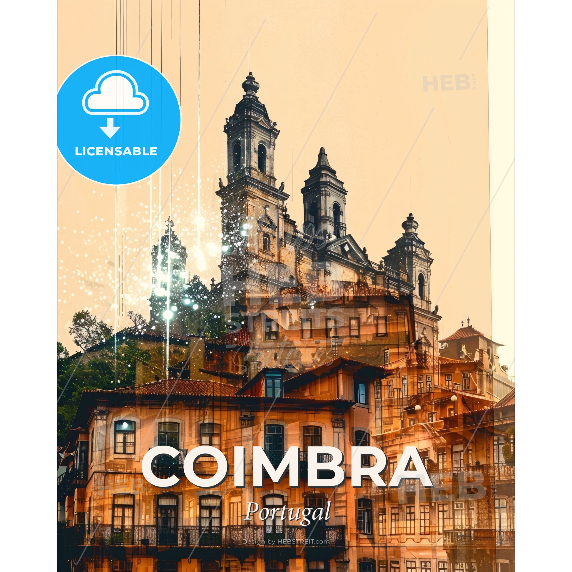 Coimbra Skyline Composite Art Vibrant Poster - A building with towers and trees - Square format print template