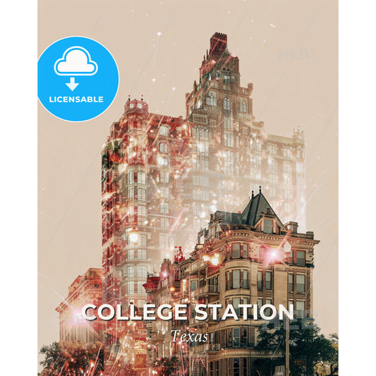 College Station City Skyline Bright Beige Paper Glow - A group of buildings with lights - Square format print template