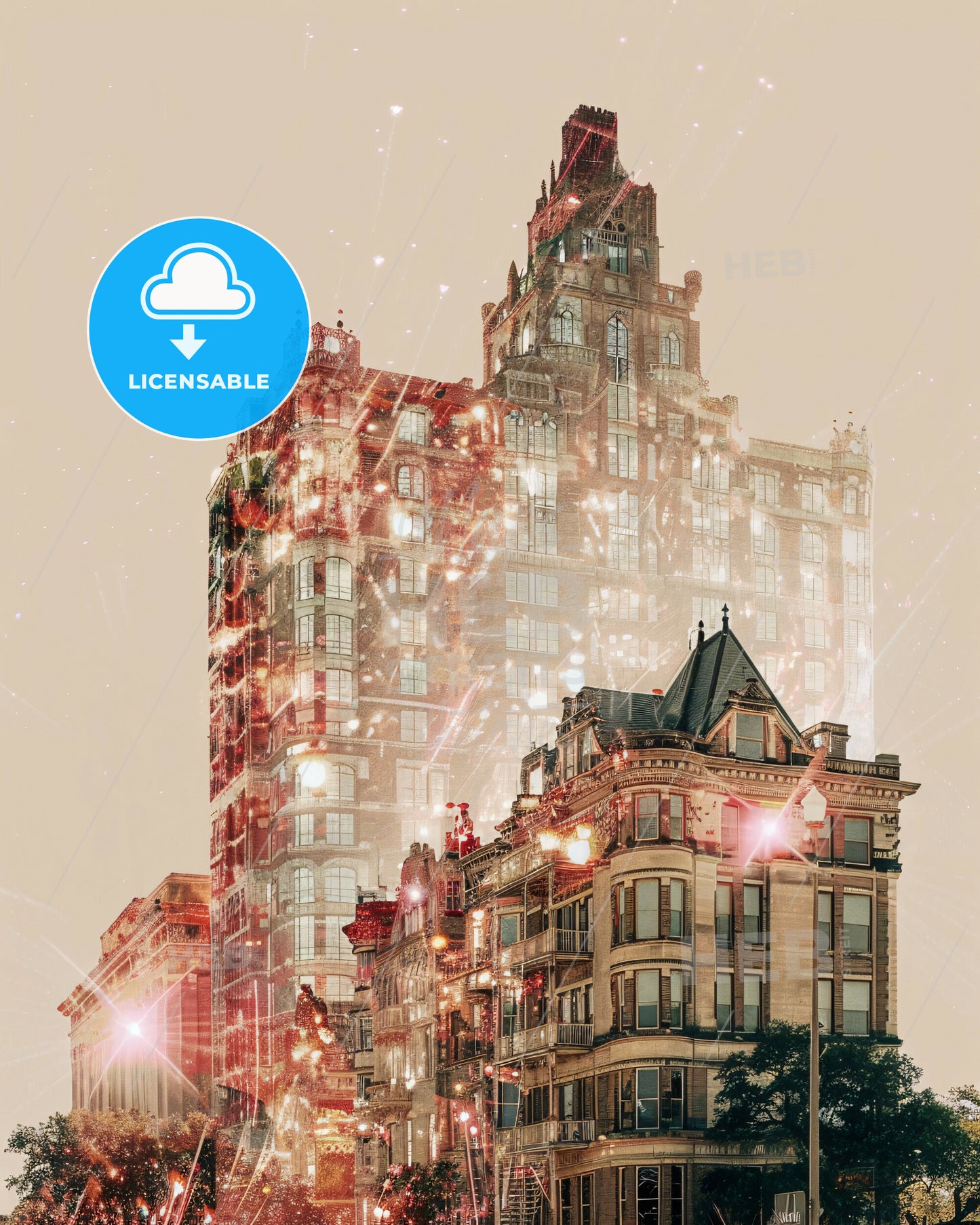 College Station City Skyline Bright Beige Paper Glow - A group of buildings with lights