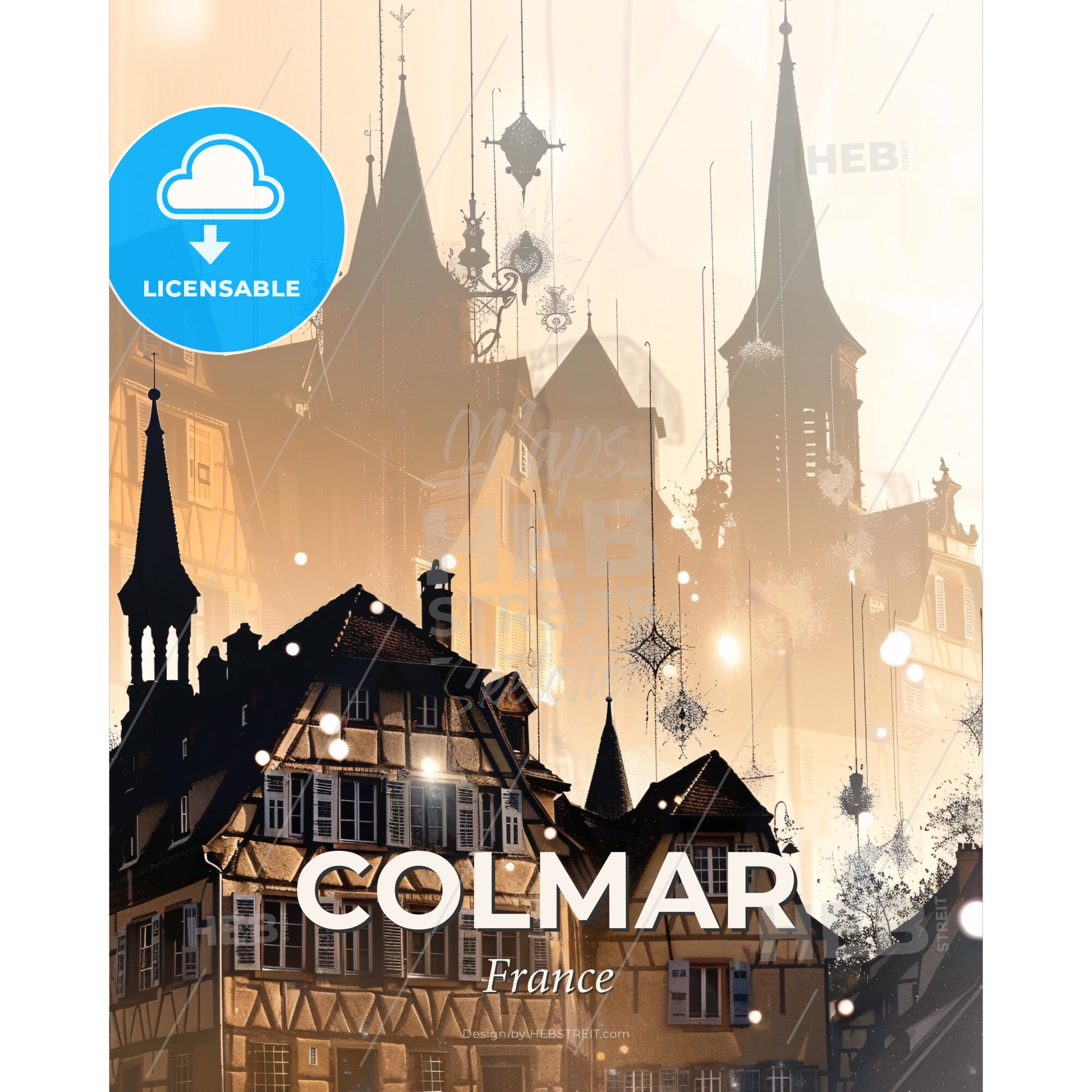 Colmar City Skyline Night Stars Fantasy Poster - A group of buildings with towers and lights - Square format print template