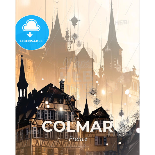 Colmar City Skyline Night Stars Fantasy Poster - A group of buildings with towers and lights - Square format print template