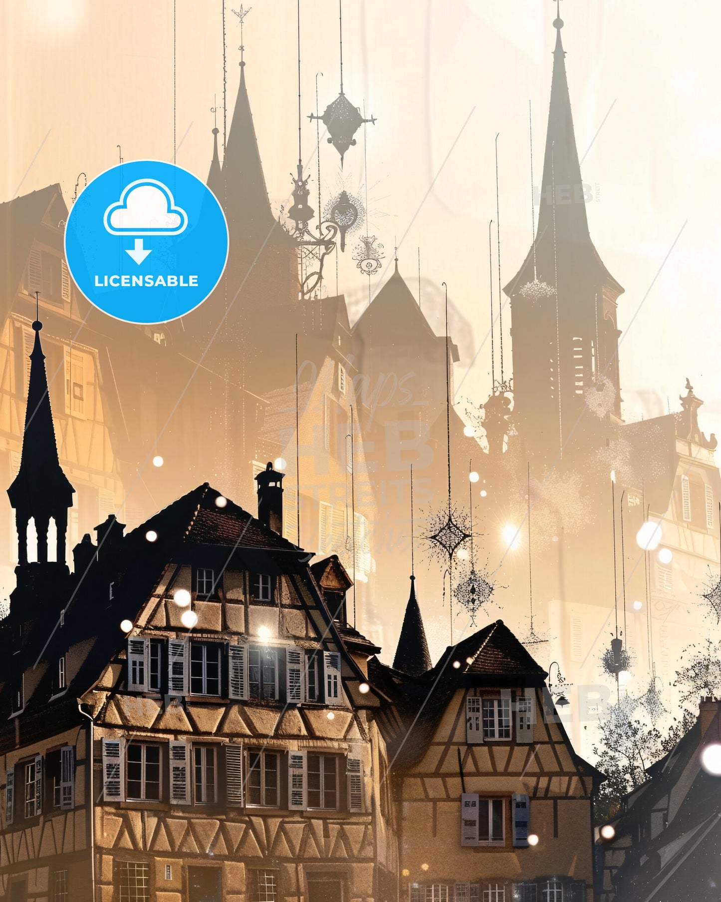 Colmar City Skyline Night Stars Fantasy Poster - A group of buildings with towers and lights