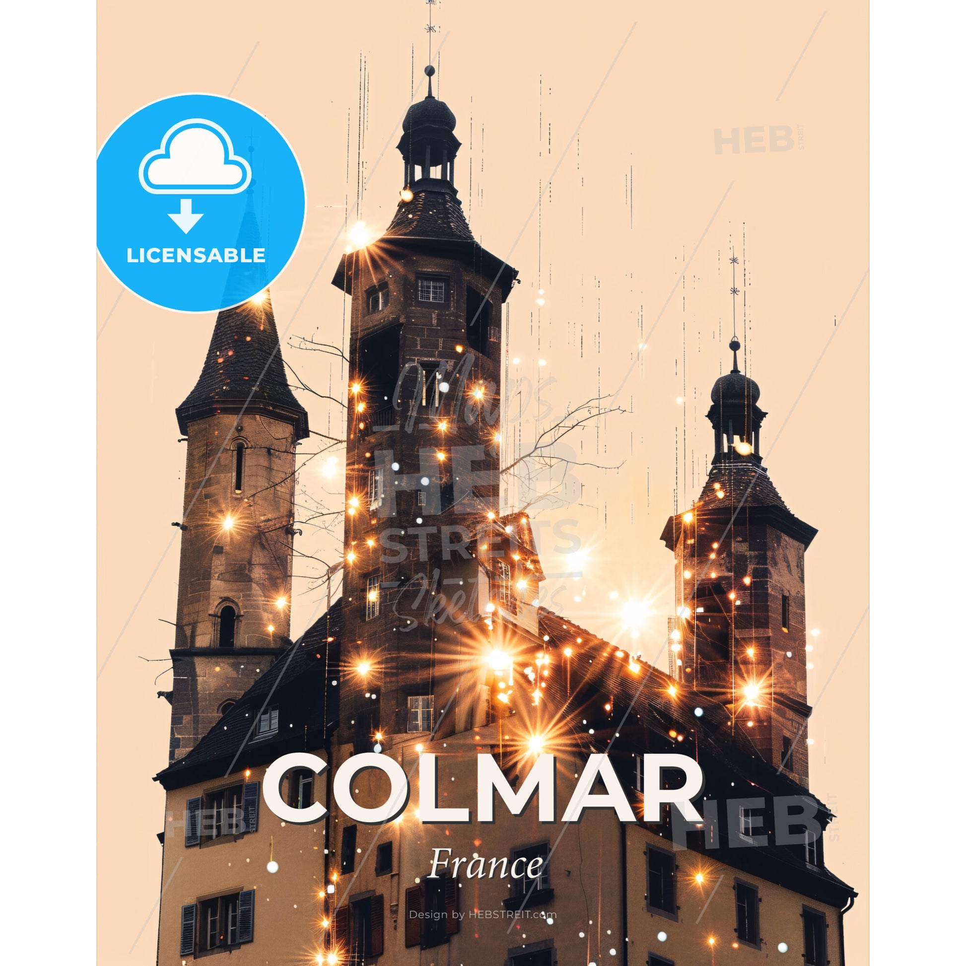 Colmar: City Skyline Composite Art Poster - A building with lights on it - Square format print template