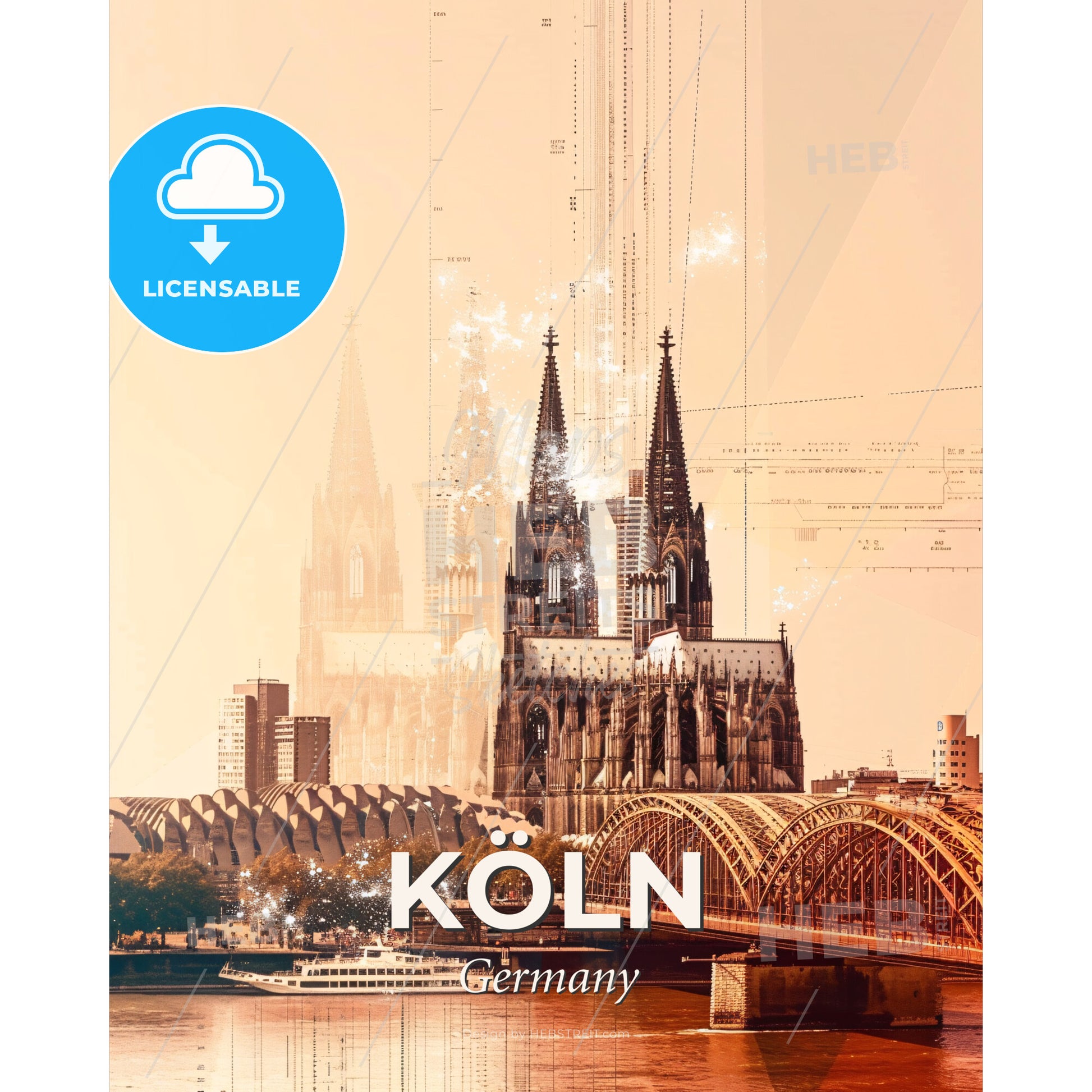Cologne Skyline Composite Art Poster with Local Icons - A bridge over a city - Square format print template