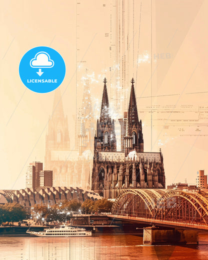Cologne Skyline Composite Art Poster with Local Icons - A bridge over a city