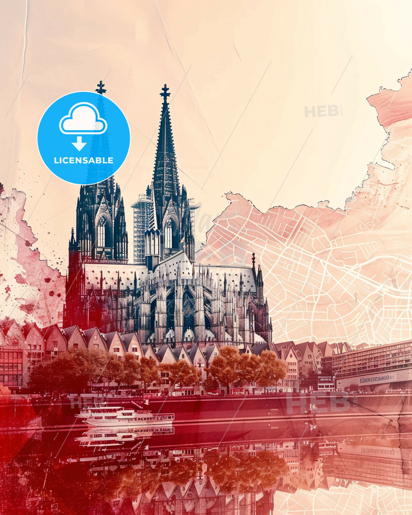 Cologne, Germany: City Map Skyline Composite Art Poster - A large building with towers and a city map