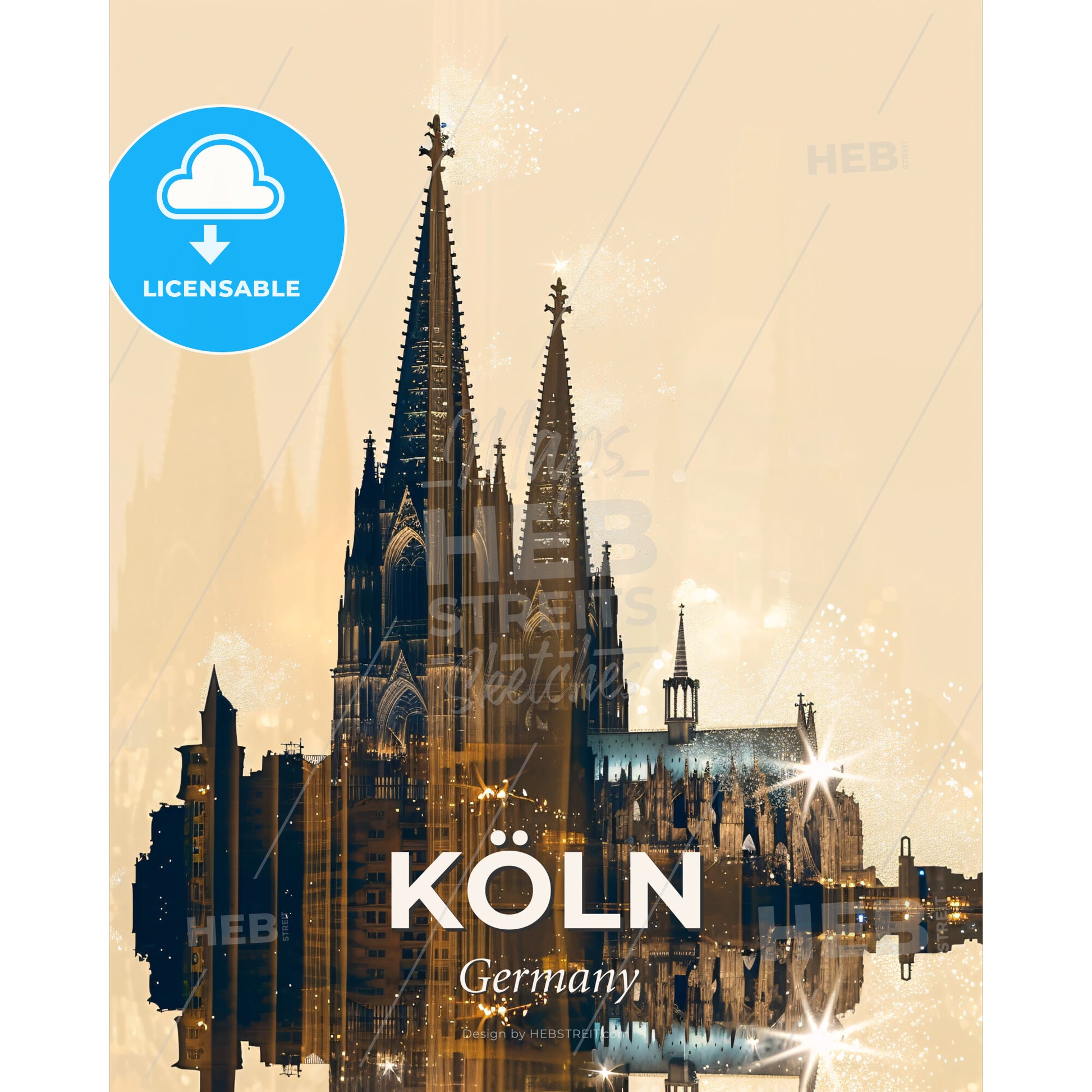 Cologne Skyline Double Exposure Art Poster - A building with towers and a body of water - Square format print template
