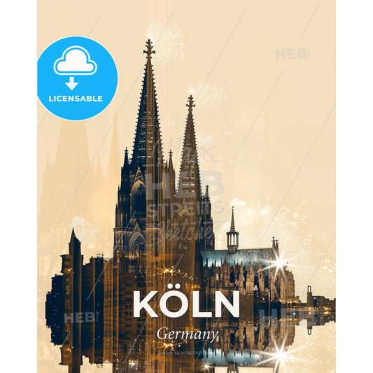 Cologne Skyline Double Exposure Art Poster - A building with towers and a body of water - Square format print template
