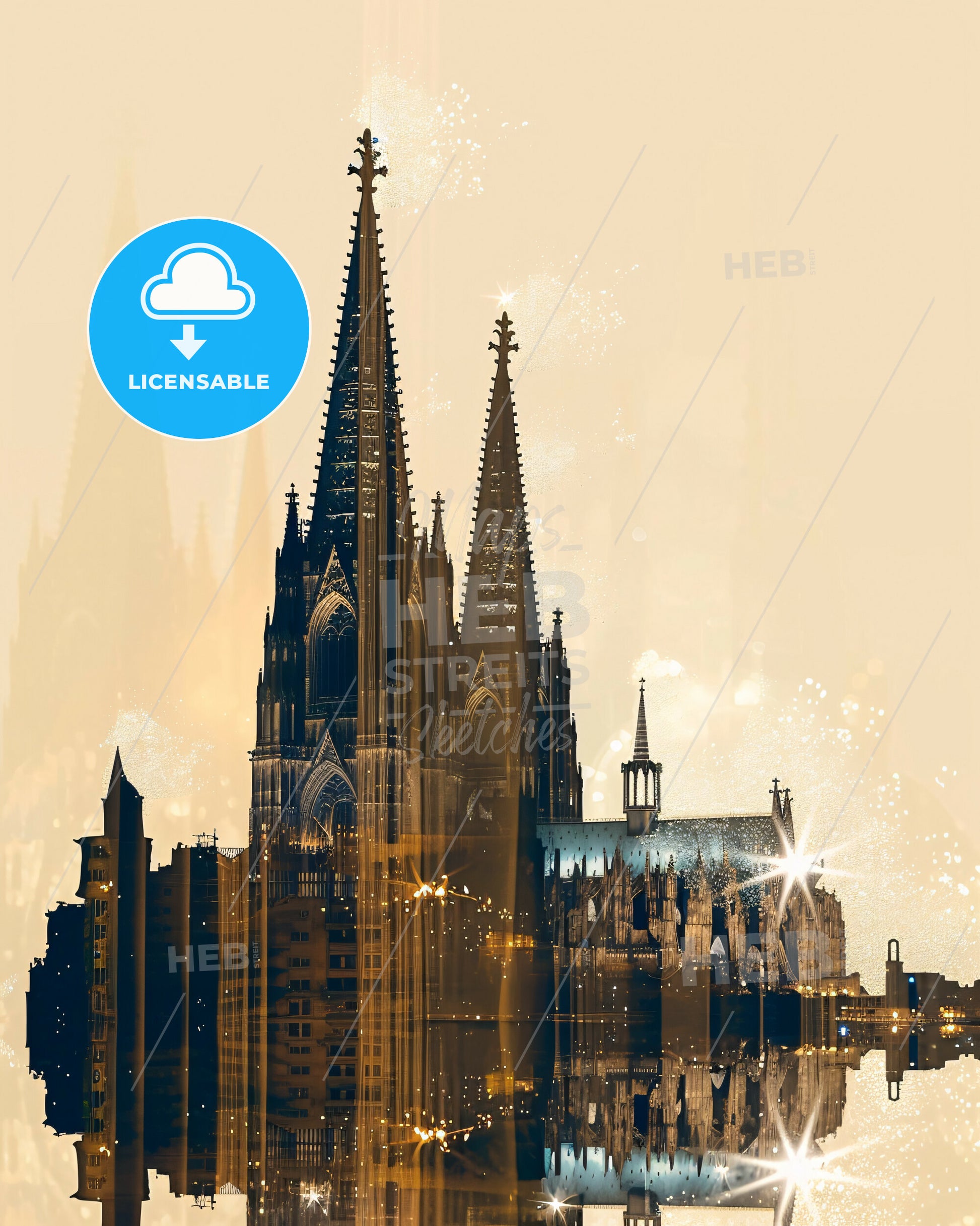 Cologne Skyline Double Exposure Art Poster - A building with towers and a body of water