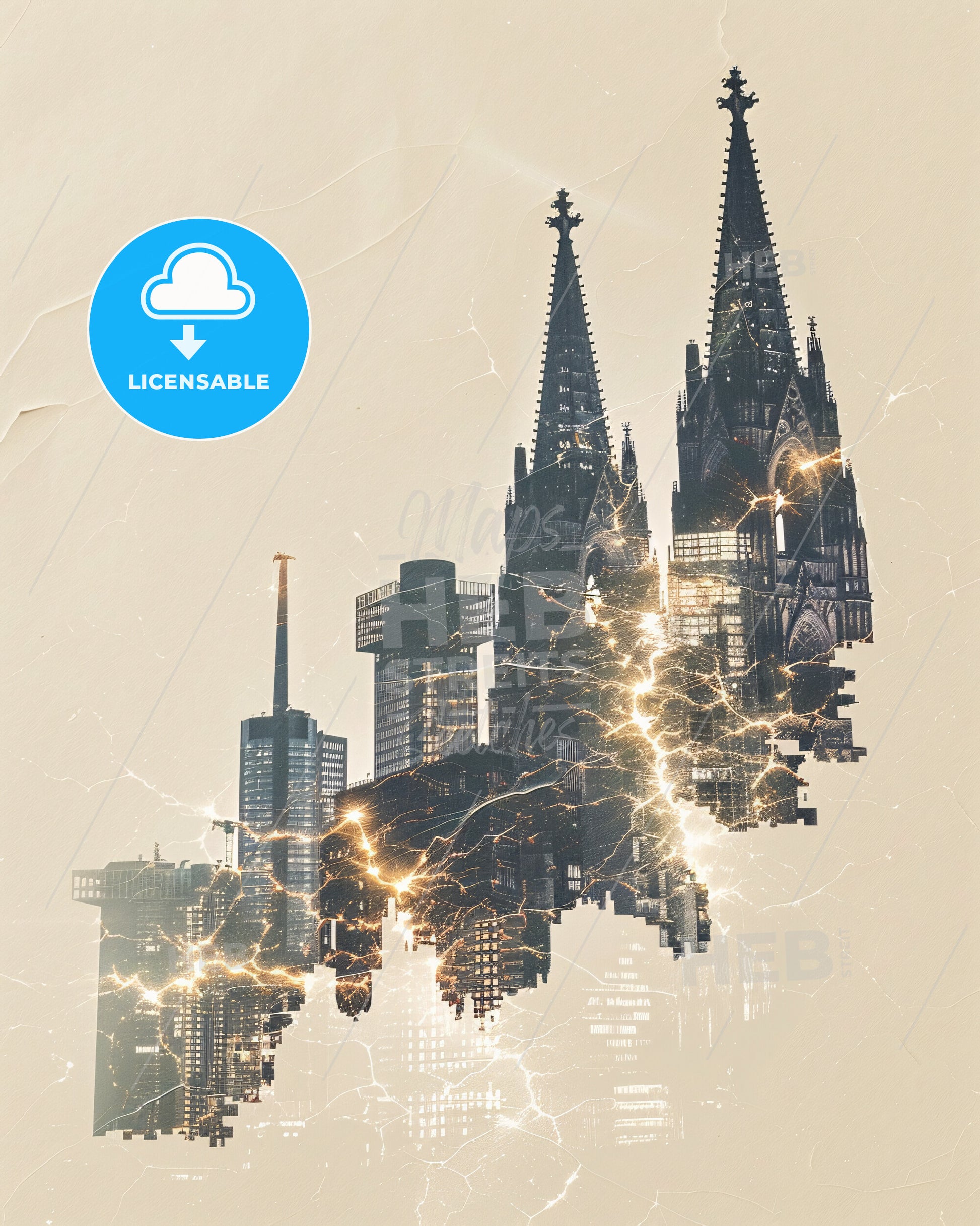 Cologne Skyline Bright Beige Double Exposure Poster - A city with lightning coming out of it