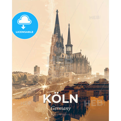 Cologne Skyline on Beige with Sparkle - A city with a castle - Square format print template