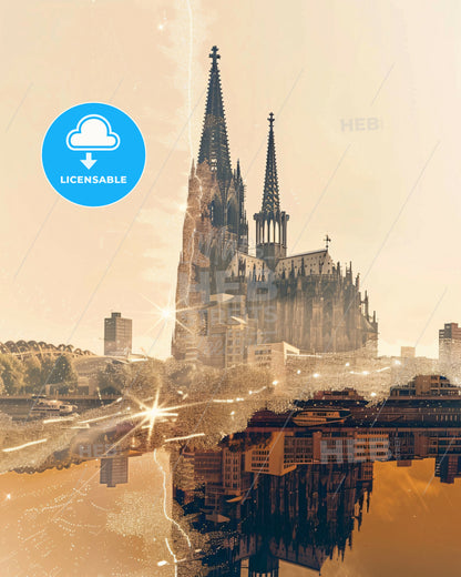 Cologne Skyline on Beige with Sparkle - A city with a castle